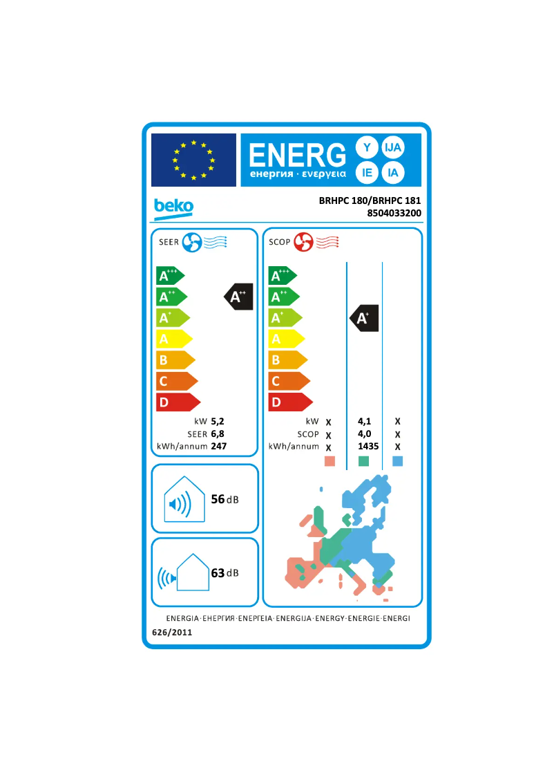 Page 1 de la notice Label énergétique Beko BRHPC 180