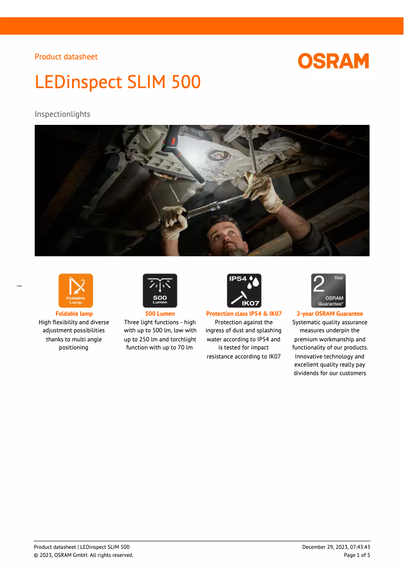 Page n°1 - Fiche technique Osram LEDinspect SLIM 500