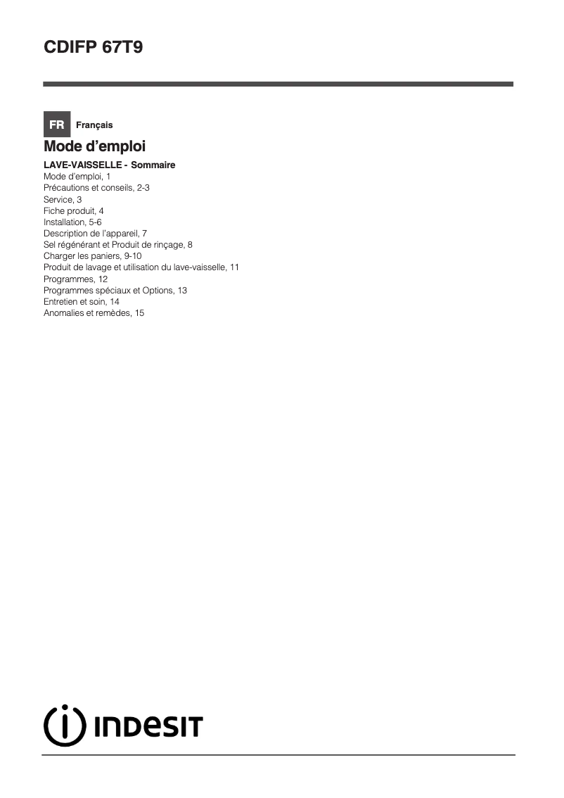 Page 1 de la notice Manuel utilisateur Indesit CDIFP 67T9 C FR