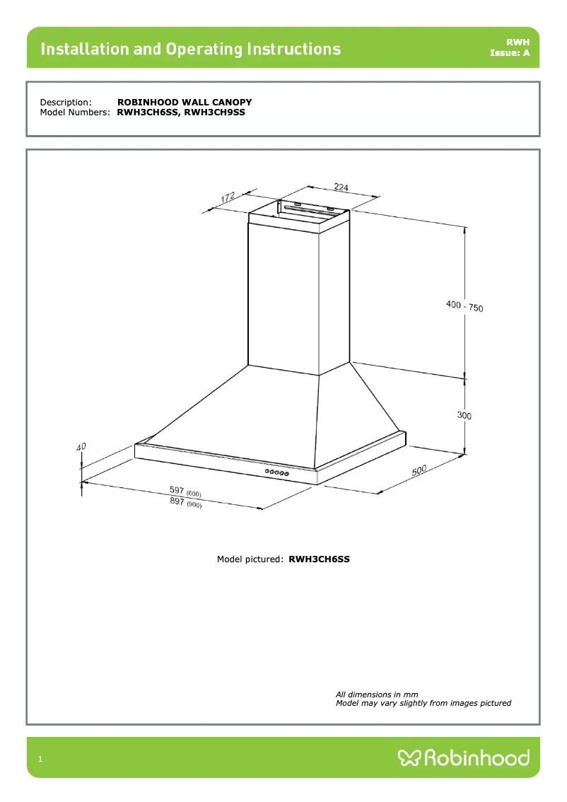 Page 1 de la notice Instructions / montage Robinhood RWH3CH6SS