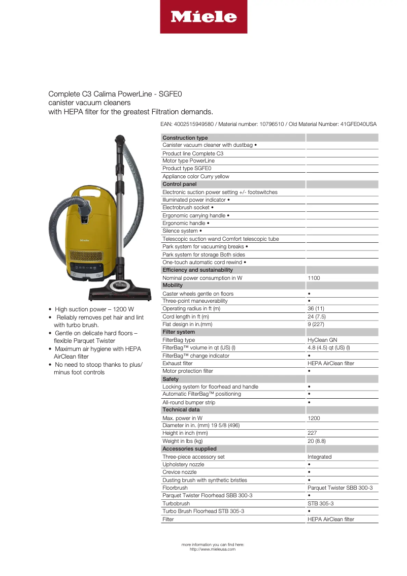 Page n°1 - Fiche technique Miele Complete C3 Calima