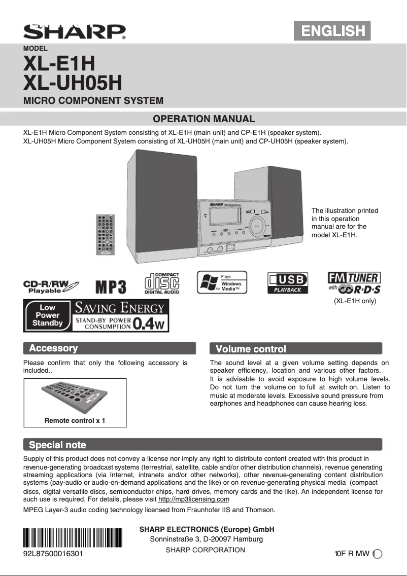 Page n°1 - Manuel utilisateur Sharp XL-E1H