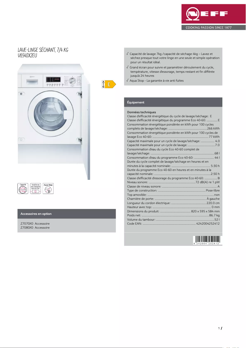 Page 1 de la notice Fiche technique Neff V6540X2EU