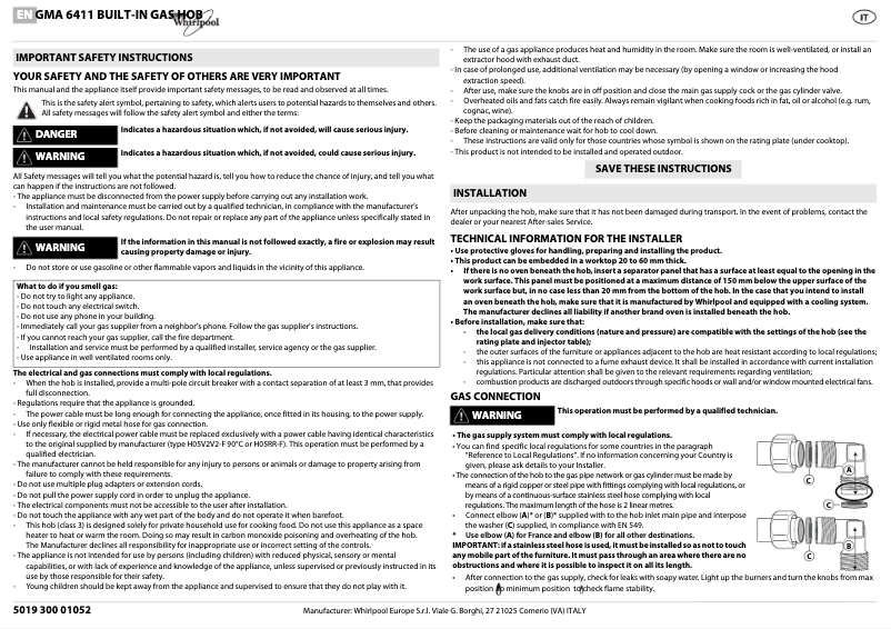 Page 1 de la notice Manuel utilisateur Whirlpool GMA 6411/IXL
