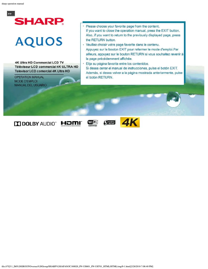 Page n°1 - Manuel utilisateur Sharp PN-UH701