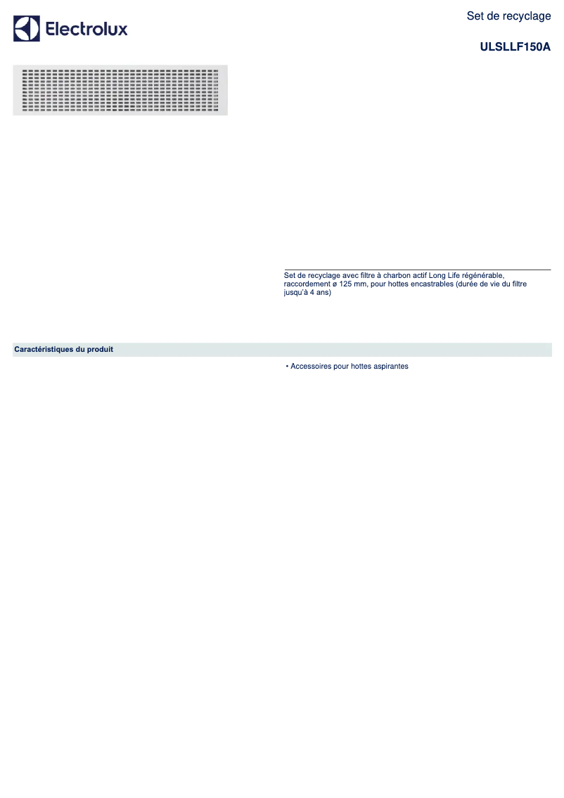 Page 1 de la notice Fiche technique Electrolux Umluft-Set ULSLLF150A