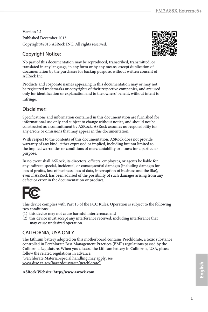 Page 1 de la notice Manuel utilisateur Asrock FM2A88X Extreme6+