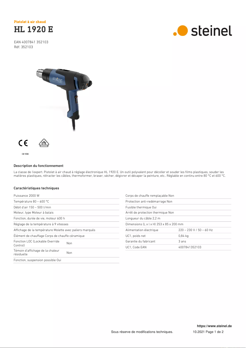 Page 1 de la notice Fiche technique Steinel HL 1920 E