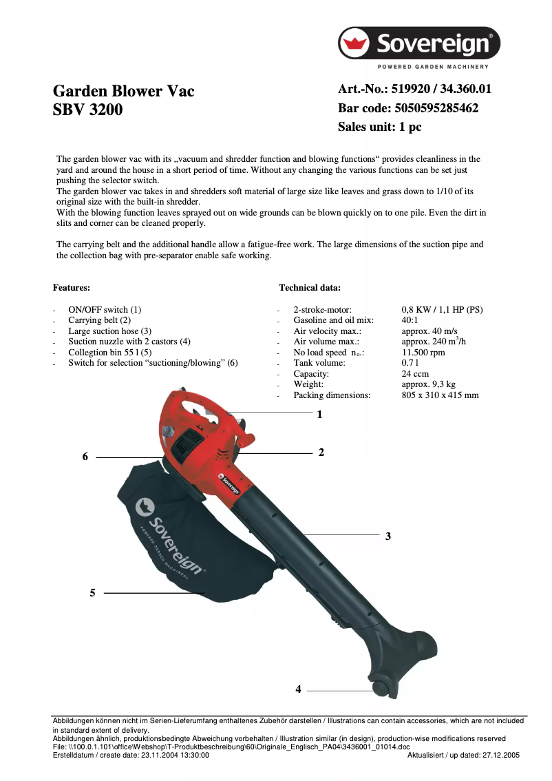 Page 1 de la notice Fiche technique Sovereign SBV 3200