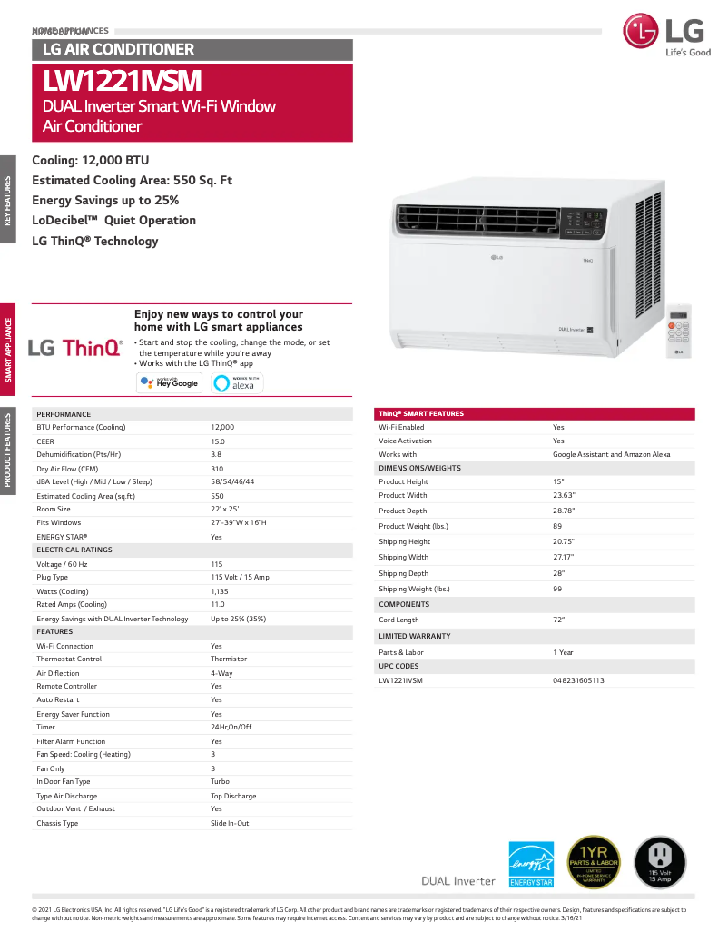 Página 1 del manual Ficha técnica LG LW1222IVSM