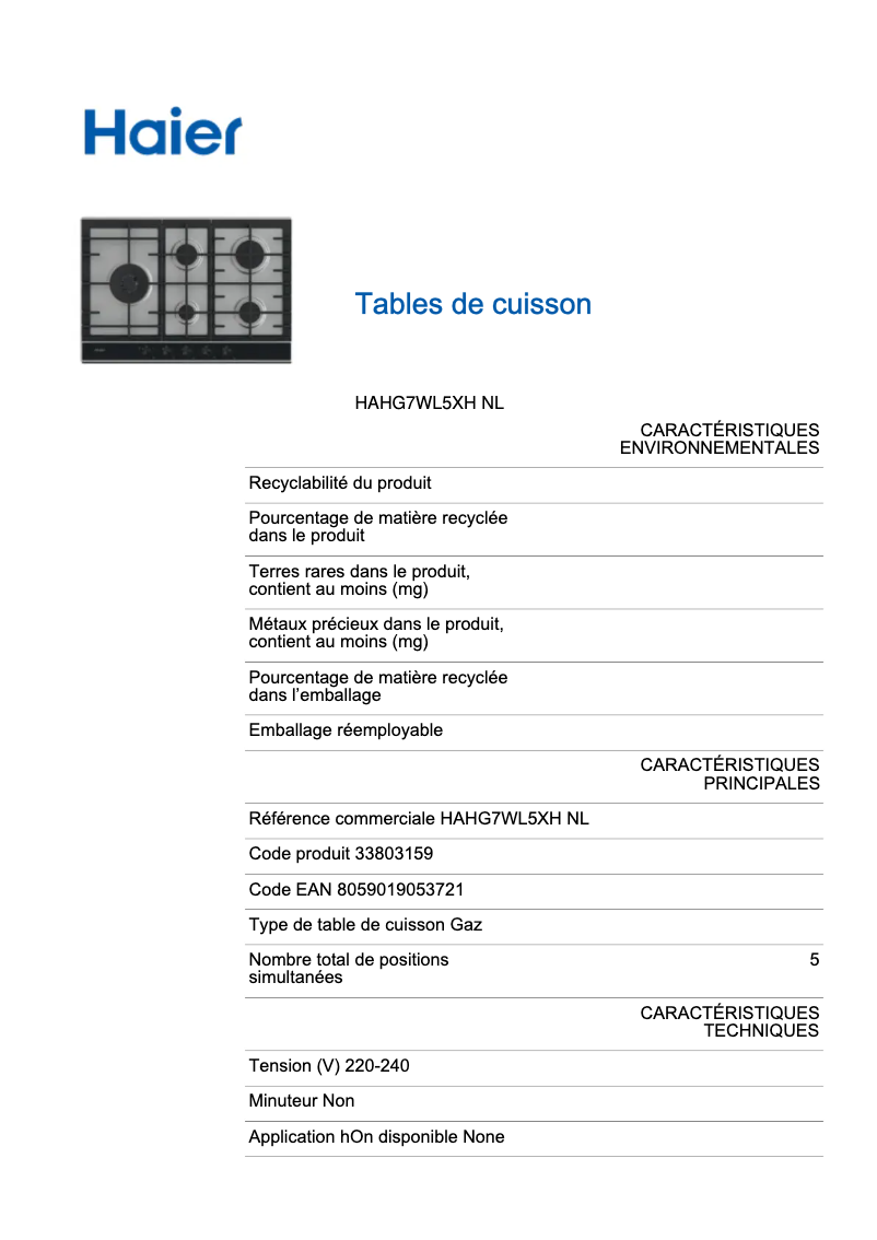 Page 1 de la notice Label énergétique Haier HAHG7WL5XH
