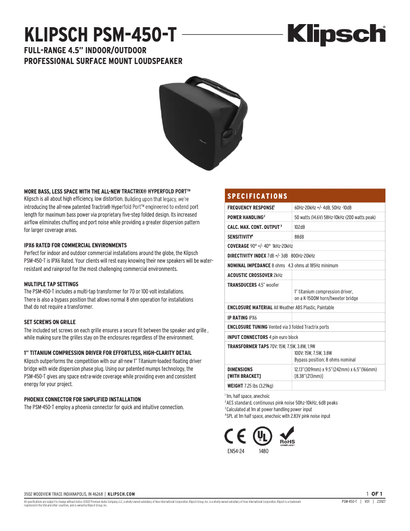 Page n°1 - Fiche technique Klipsch PSM-450-T