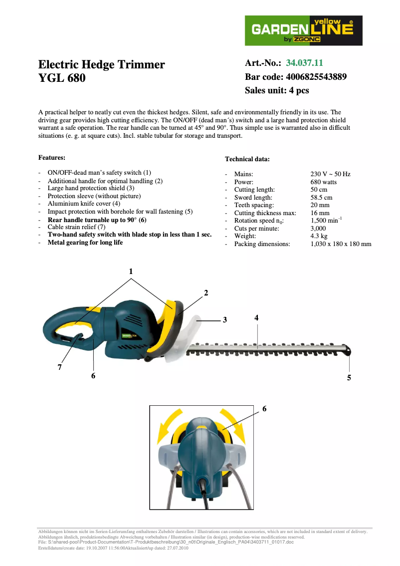 Page 1 de la notice Manuel utilisateur Yellow Garden Line YGL 680