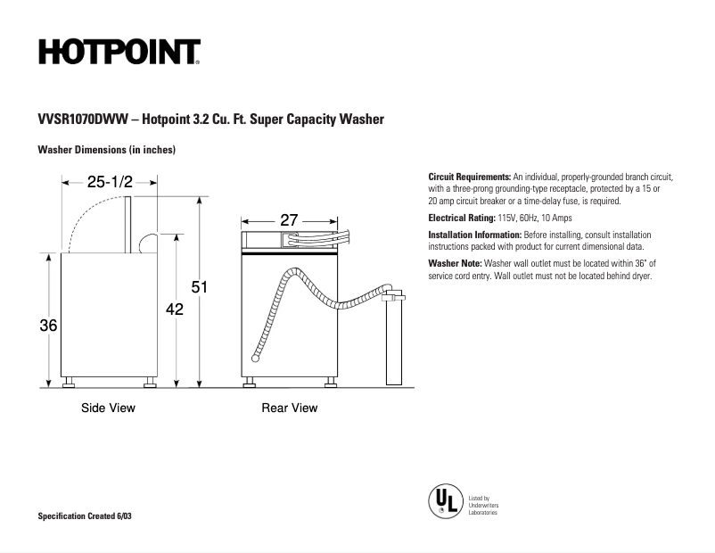 Page n°1 - Fiche technique Hotpoint VVSR1070DWW