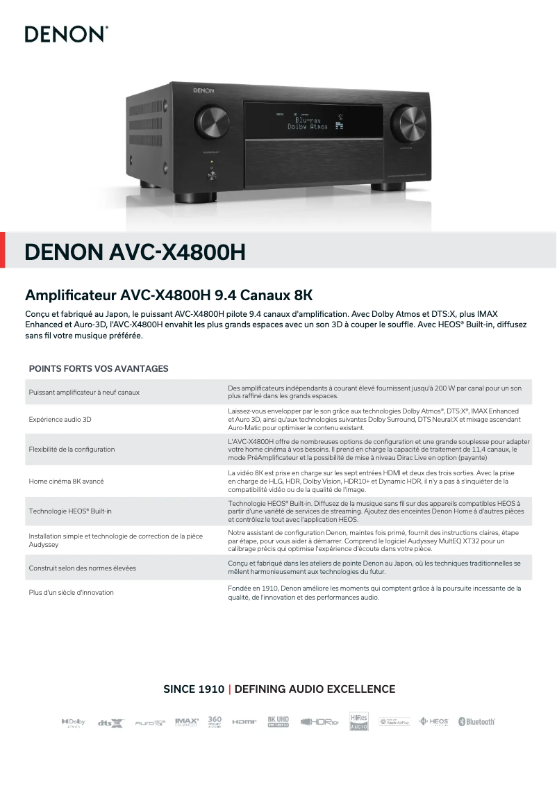 Page 1 de la notice Fiche technique Denon AVC-X4800H