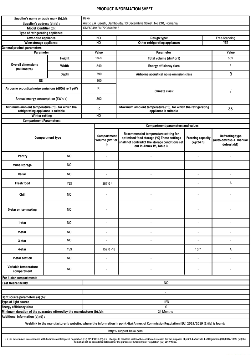Page 1 de la notice Fiche technique Beko GNE6049XPN