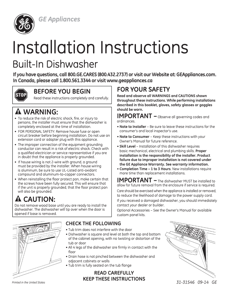 Page n°1 - Guide d'installation GE Profile PDT760SIJII