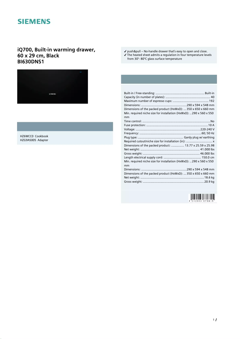Page n°1 - Fiche technique Siemens BI630DNS1