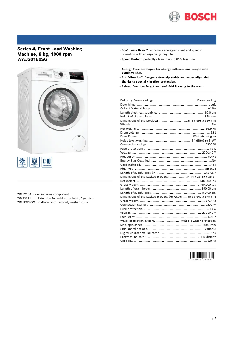 Page n°1 - Fiche technique Bosch WAJ20180SG