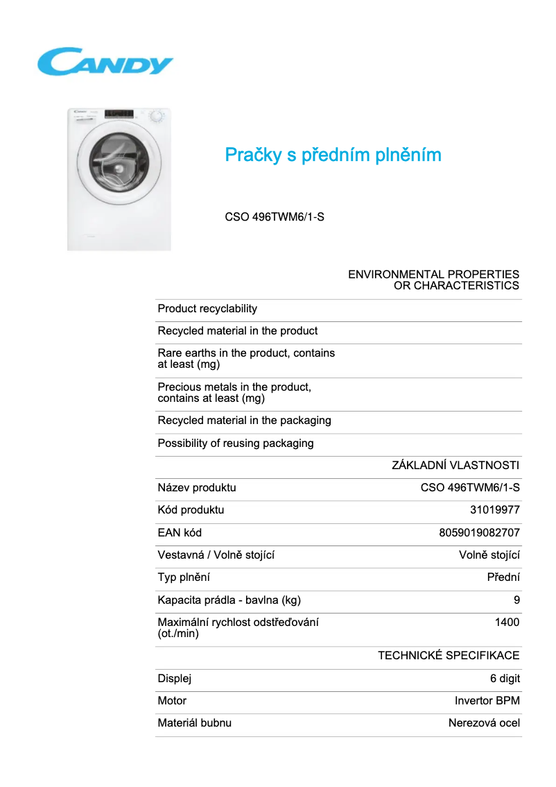 Page 1 de la notice Fiche technique Candy CSO 496TWM6/1-S