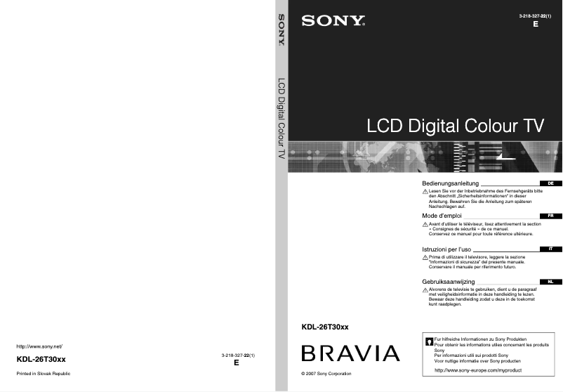 Page 1 de la notice Manuel utilisateur Sony KDL-26T3000