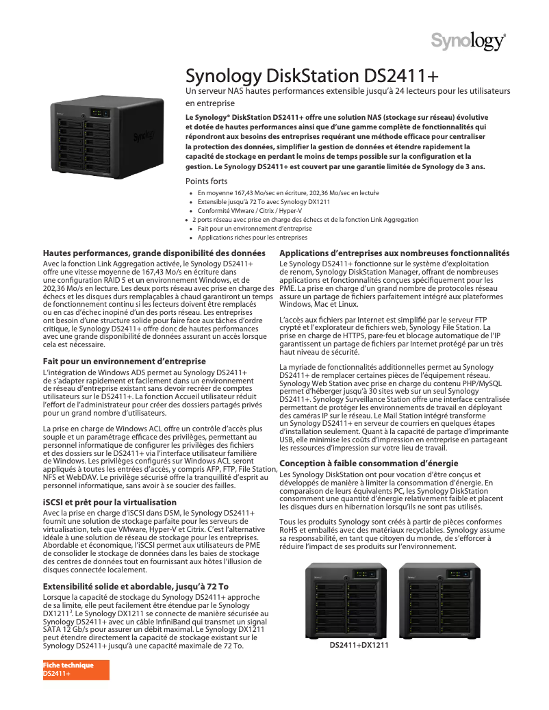 Page 1 de la notice Fiche technique Synology DiskStation DS2411+