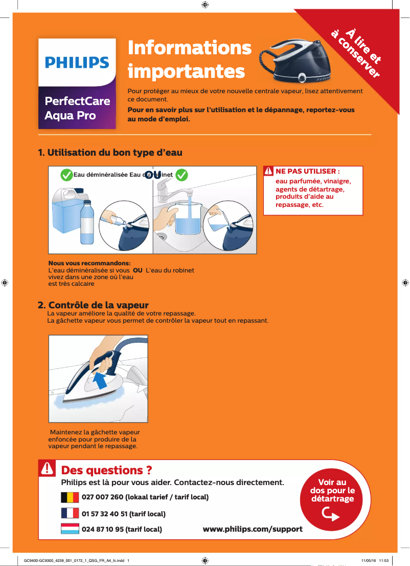 Page 1 de la notice Guide de démarrage rapide Philips PerfectCare Aqua Pro GC9405