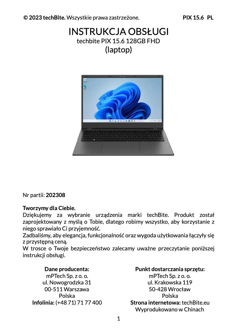 Page n°1 - Manuel utilisateur TechBite PIX 15.6