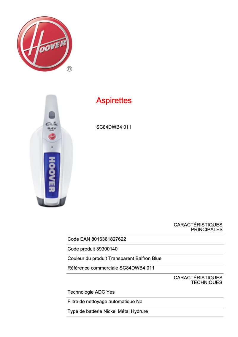 Página 1 del manual Ficha técnica Hoover SC84DWB4 011