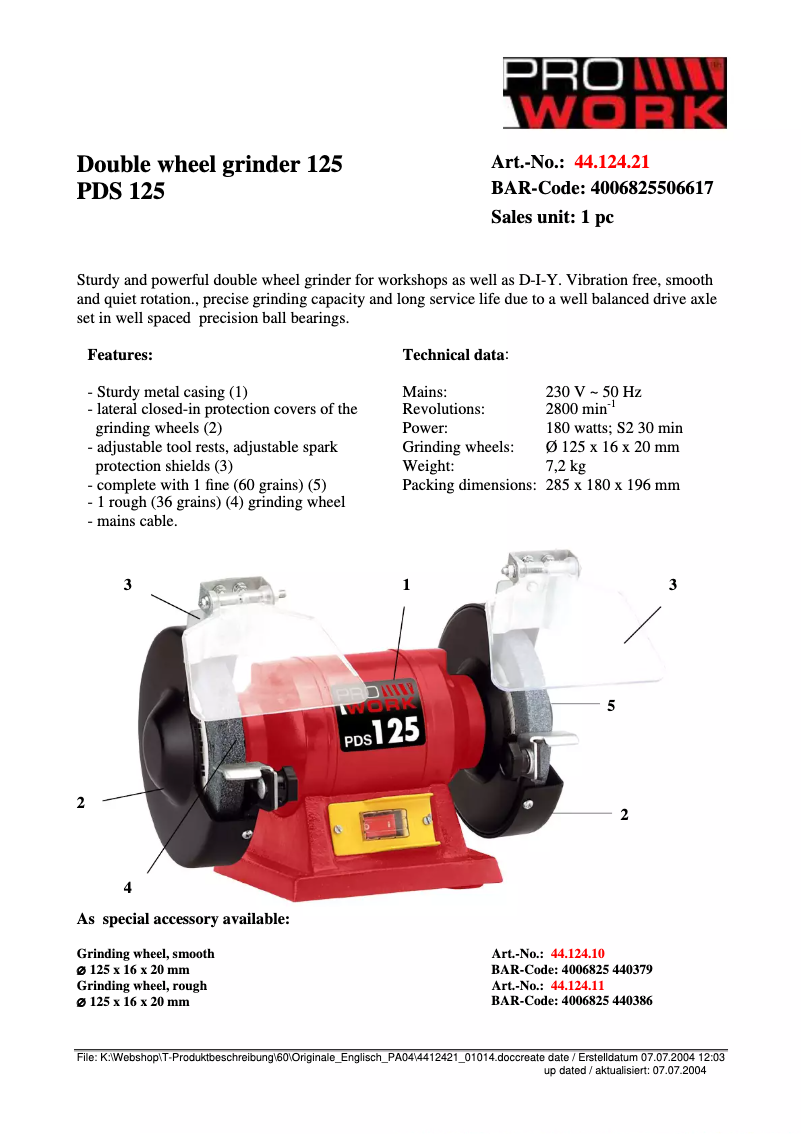 Page n°1 - Fiche technique Prowork PDS 125
