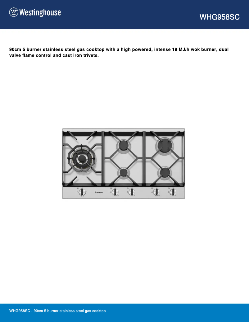 Page 1 de la notice Fiche technique Westinghouse WHG958SC