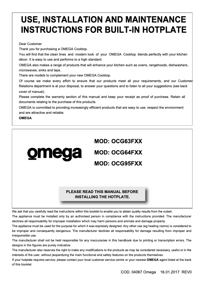 Page 1 de la notice Manuel utilisateur Omega OCG95FFX