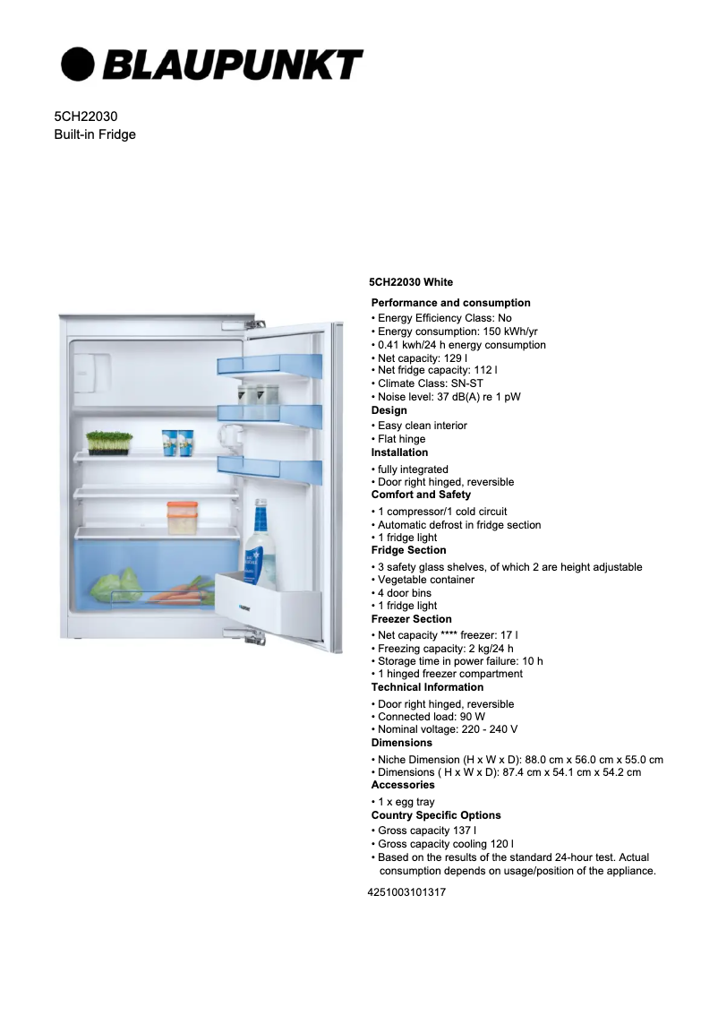 Page 1 de la notice Fiche technique Blaupunkt 5CH 22030
