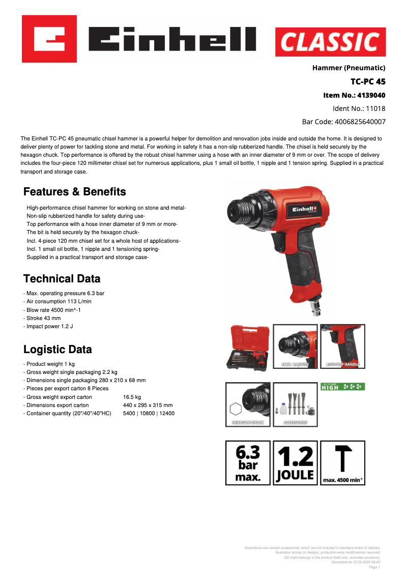 Page 1 de la notice Fiche technique Einhell TC-PC 45
