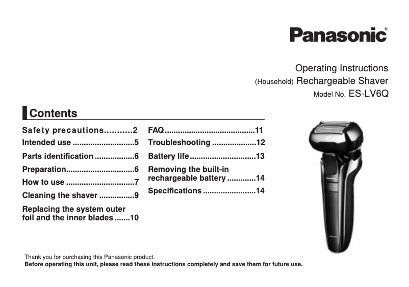 Page 1 de la notice Manuel utilisateur Panasonic ES‑LV6Q