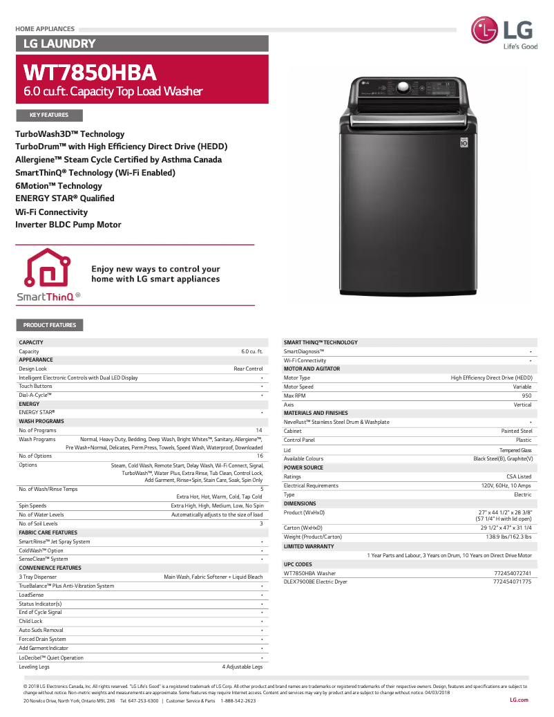 Page n°1 - Fiche technique LG WT7850HBA