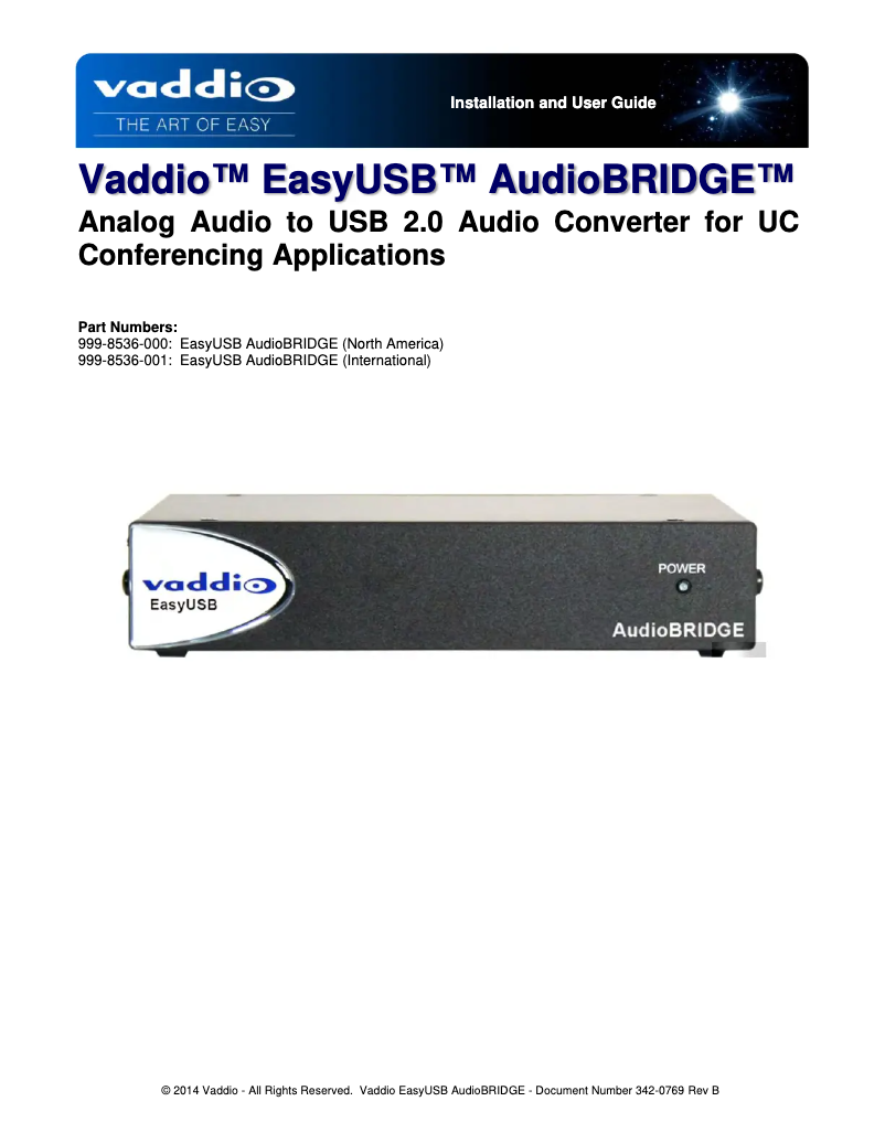 Page 1 de la notice Manuel utilisateur Vaddio EasyUSB AudioBRIDGE