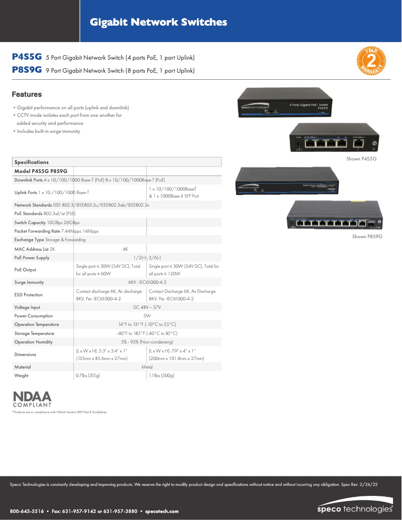 Page n°1 - Fiche technique Speco Technologies P8S9G