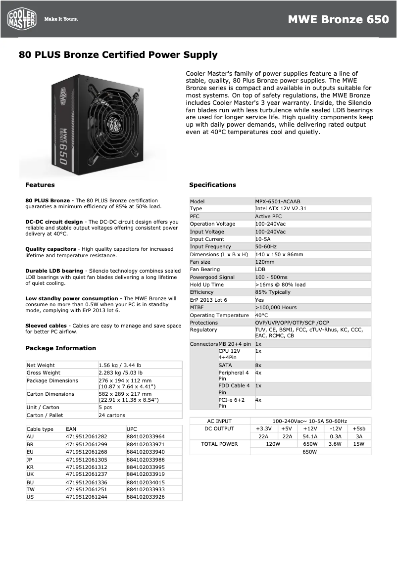 Page 1 de la notice Fiche technique Cooler Master MWE Bronze 650