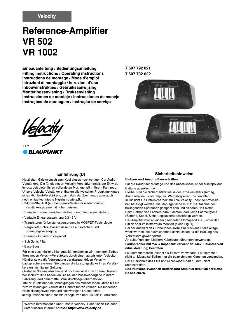 Page 1 de la notice Manuel utilisateur Blaupunkt Velocity VR 1002