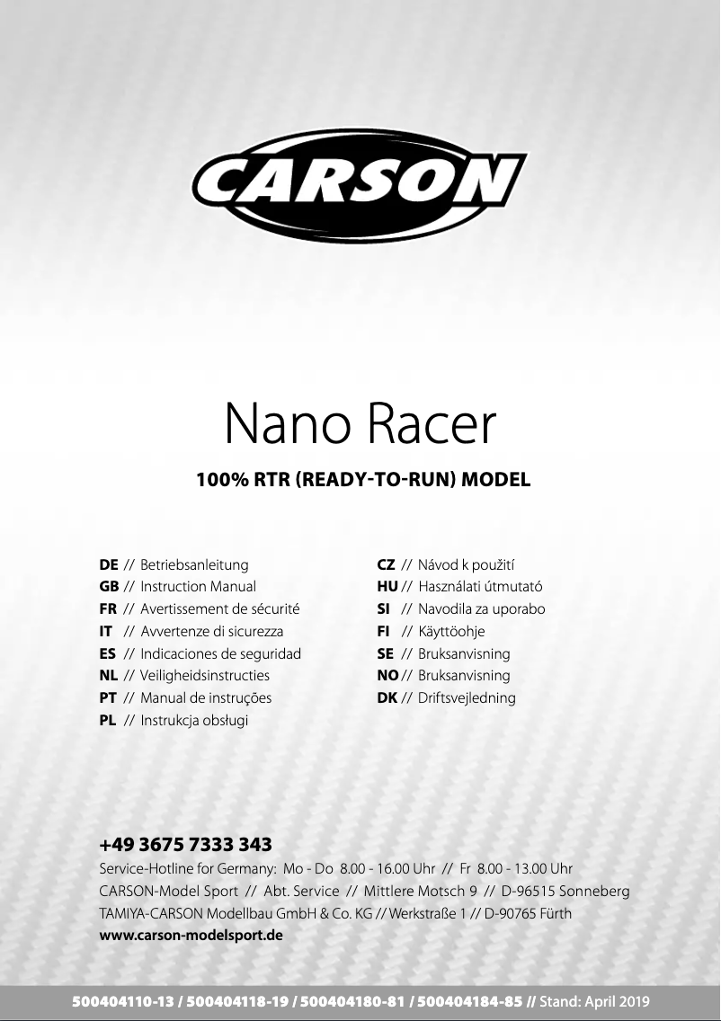 Page 1 de la notice Manuel utilisateur Carson Nano Racer Dr. Speed