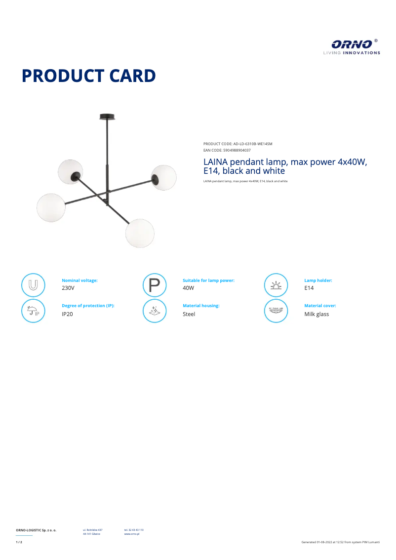 Page n°1 - Fiche technique Adviti AD-LD-6310B-WE14SM