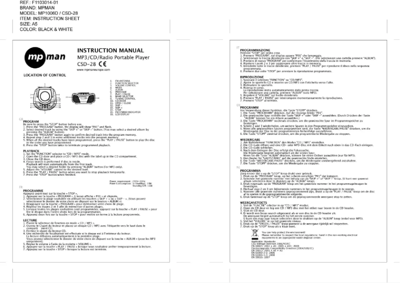 Page 1 de la notice Manuel utilisateur Mpman CSD-28