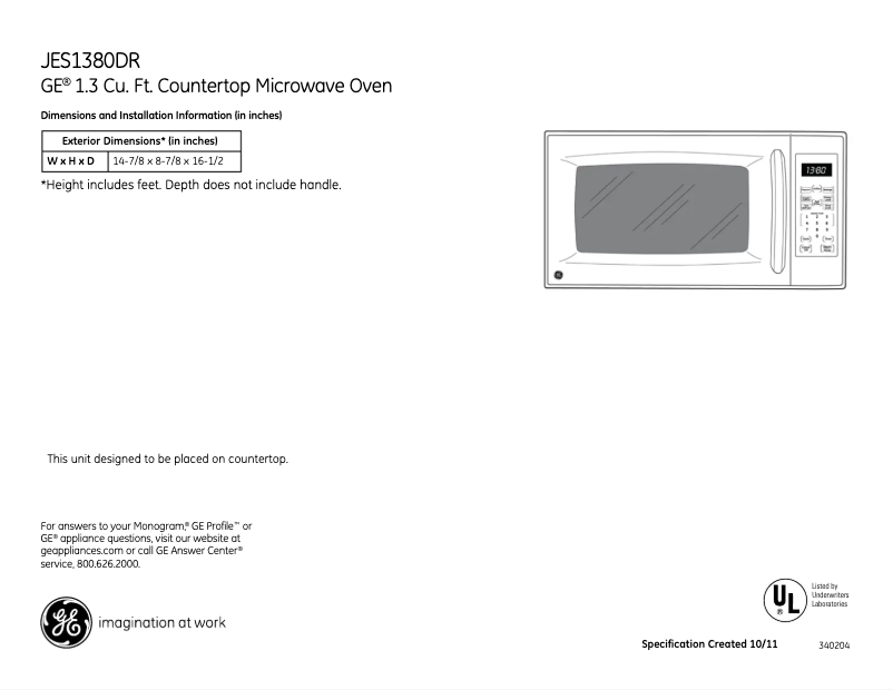 Page n°1 - Fiche technique GE JES1380DRBB