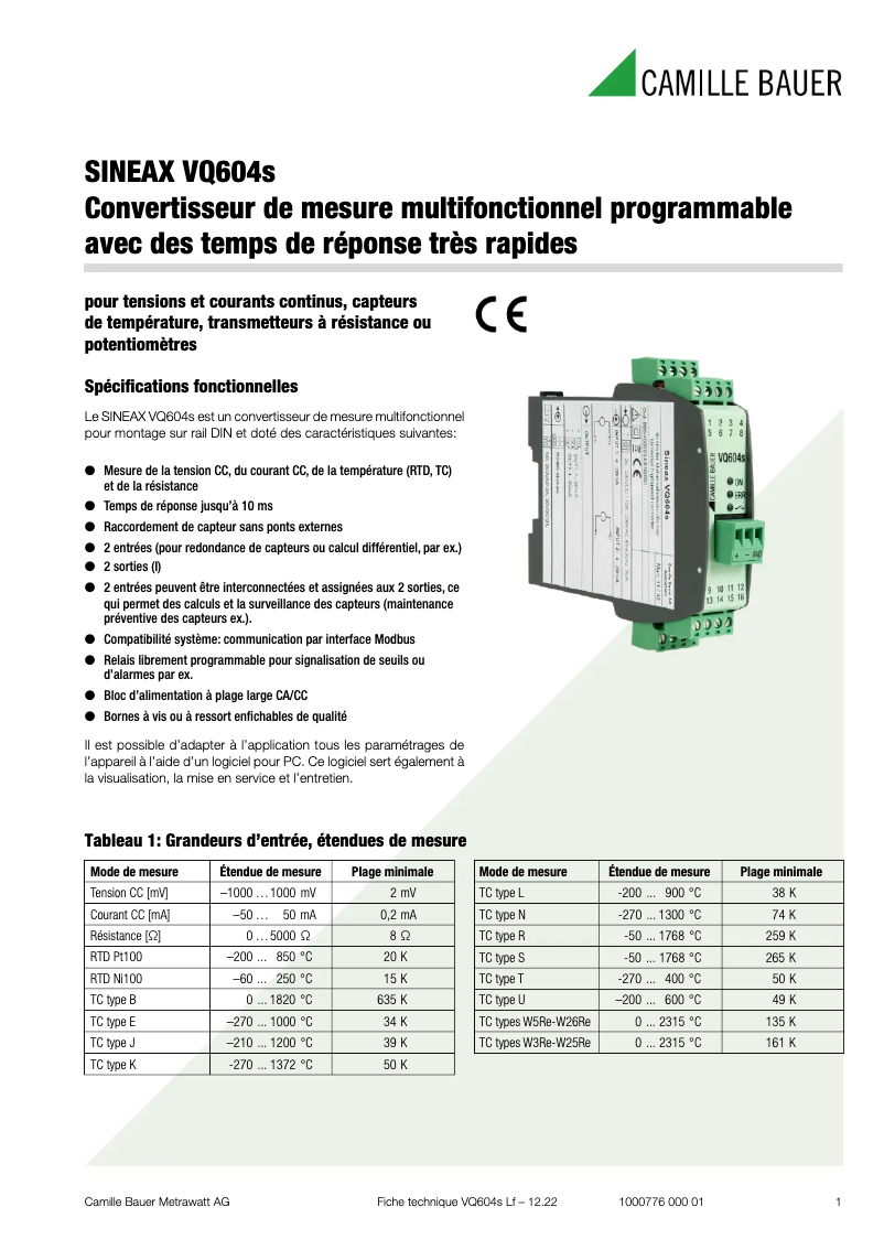 Página 1 del manual Ficha técnica Camille Bauer SINEAX VQ604s