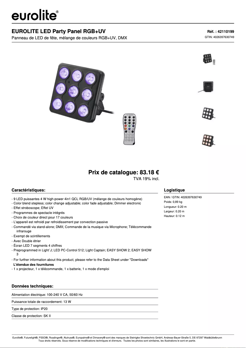 Page 1 de la notice Fiche technique Eurolite LED Party Panel