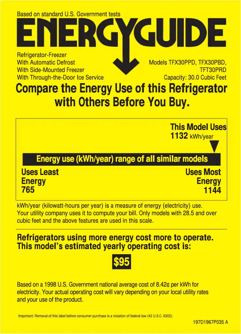 Page 1 de la notice Label énergétique GE Profile Performance TFX30PBDCC