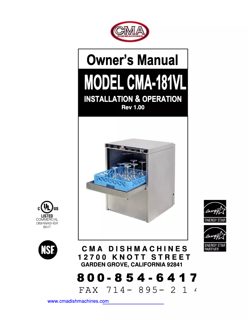 Page n°1 - Manuel utilisateur CMA Dishmachines CMA-181VL