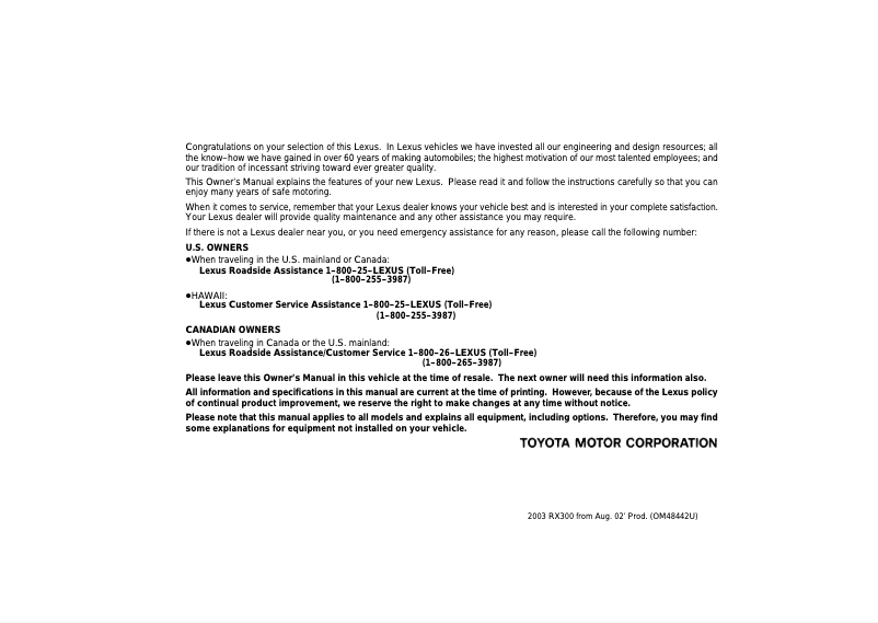 Imagen de la primera página del manual del dispositivo RX 300 (2003)