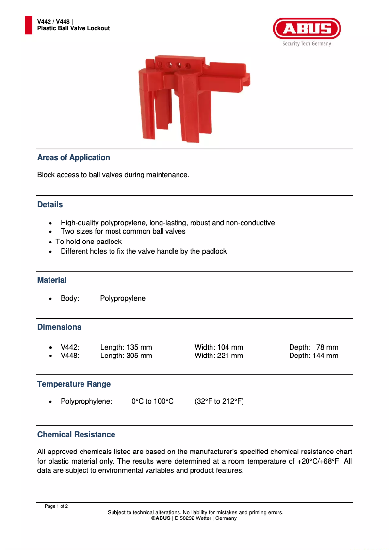 Page 1 de la notice Fiche technique Abus V442